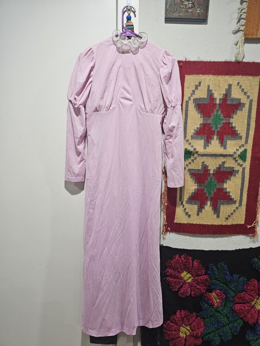 Vintage Pink Nylon Long Sleeve Maxi Dress M